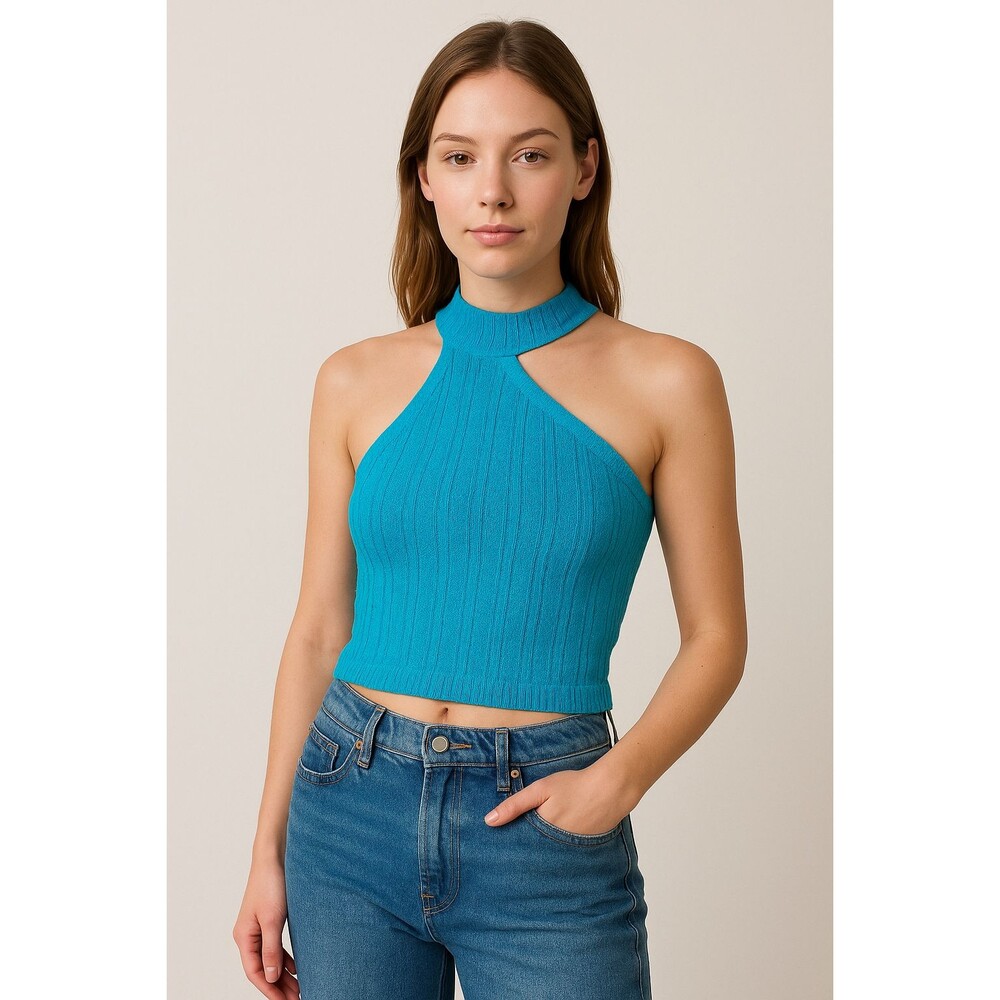 Zara Women’s Small Aqua Blue Teal Cropped Sleeveless Asymmetrical Tank